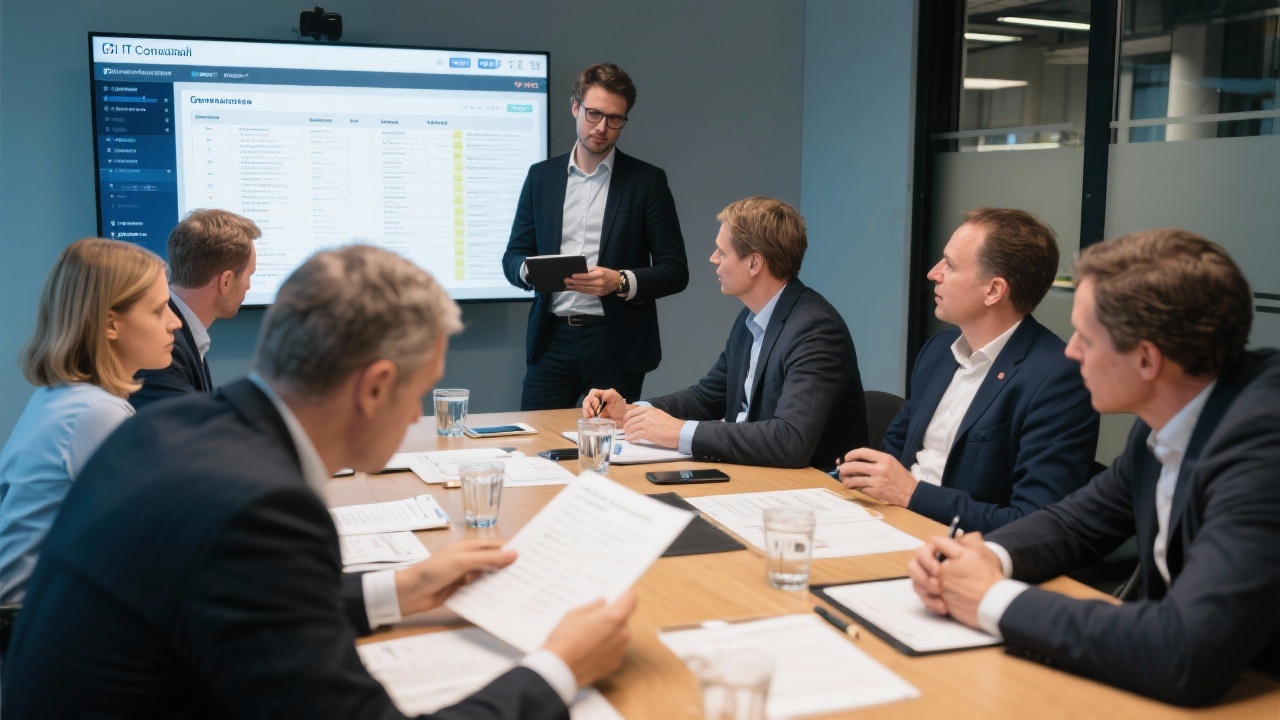 Governance workshop with senior stakeholders reviewing risk registers and compliance dashboards supported by Dutch IT Consult advisors in Amsterdam.