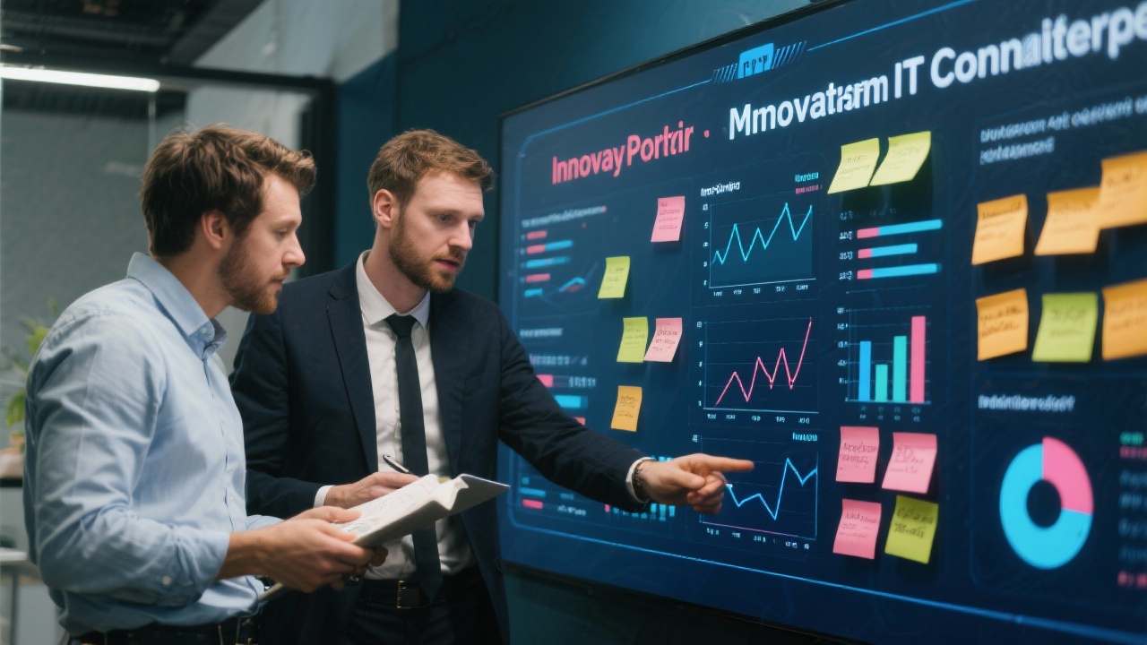 Consultants reviewing innovation portfolio on digital wall with sticky notes and analytics to demonstrate iterative improvement mindset of Dutch IT Consult.